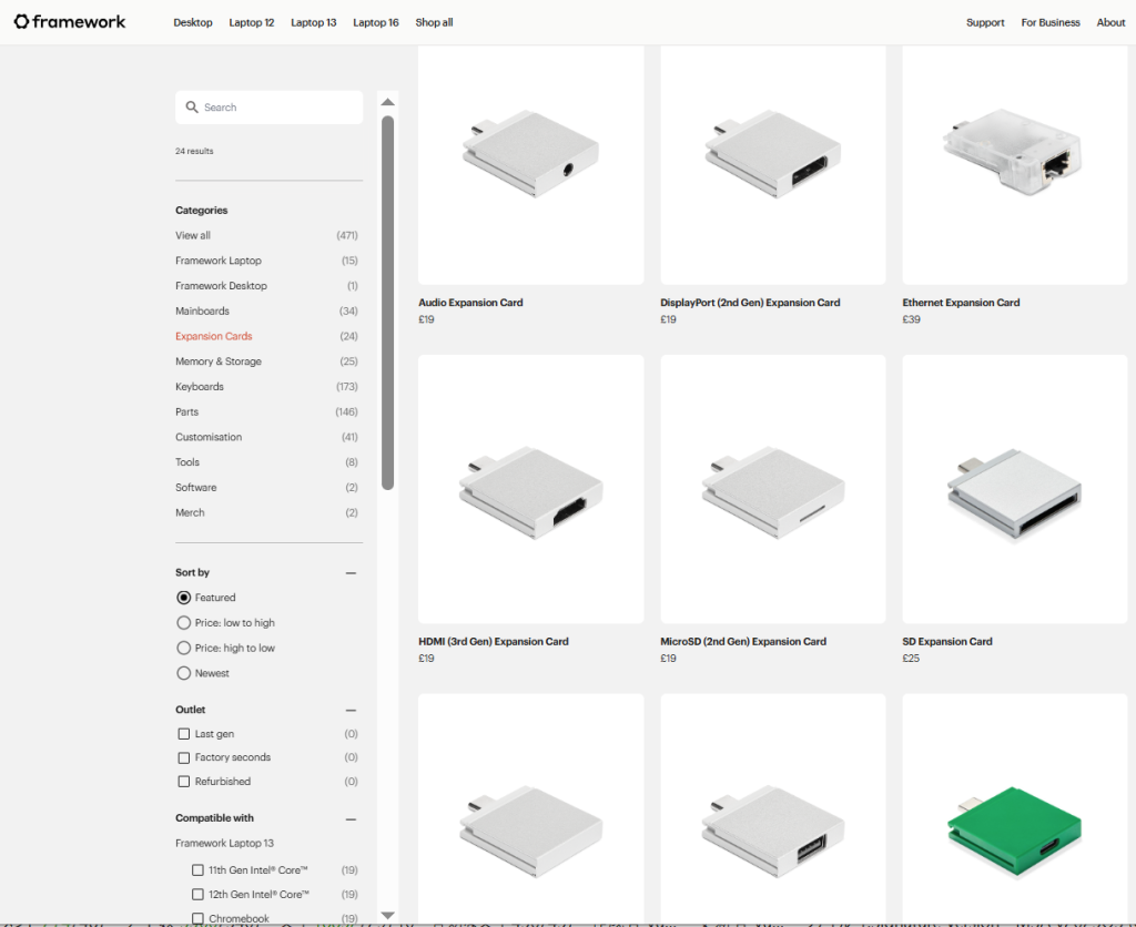 フレームワークコンピューターウェブサイトのショップより、エクスパンションカードのページ。さまざまな端子オプションが並んでいる。
